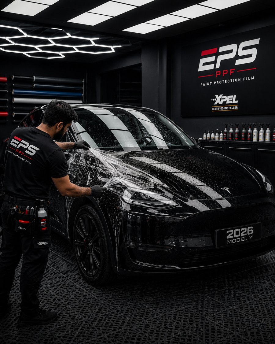Tesla Model Y having XPEL paint protection film applied at EPS PPF Watford