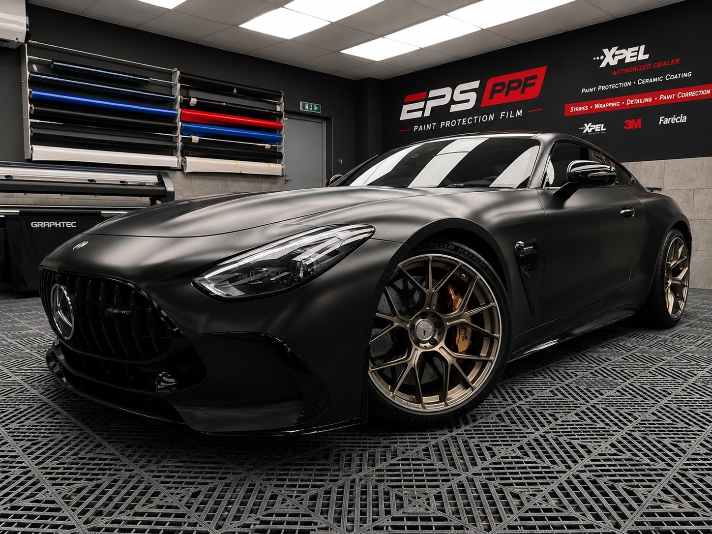 Mercedes-AMG GT in matt black wrap, three-quarter view